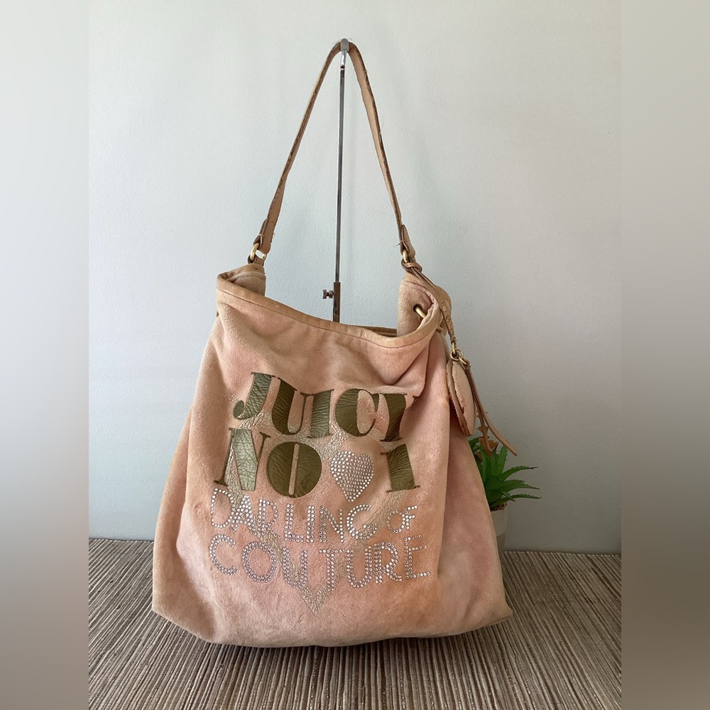 Y2K Juicy Couture Pink Darling Of Couture Velour Rhinestone Large Purse Bag - Picture 3 of 13